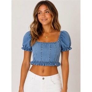New Mix Denim Crop Top Blue Puff Sleeve Ruffle Hem Square Neck Small